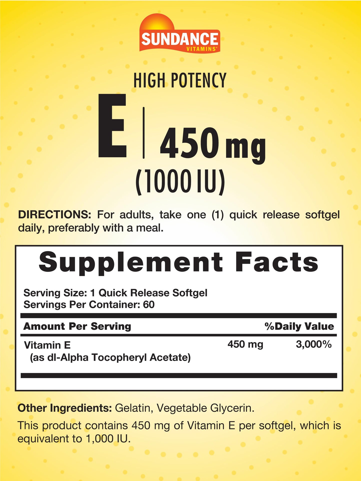 Frasco Sundance vitamina E 450 mg cápsulas blandas