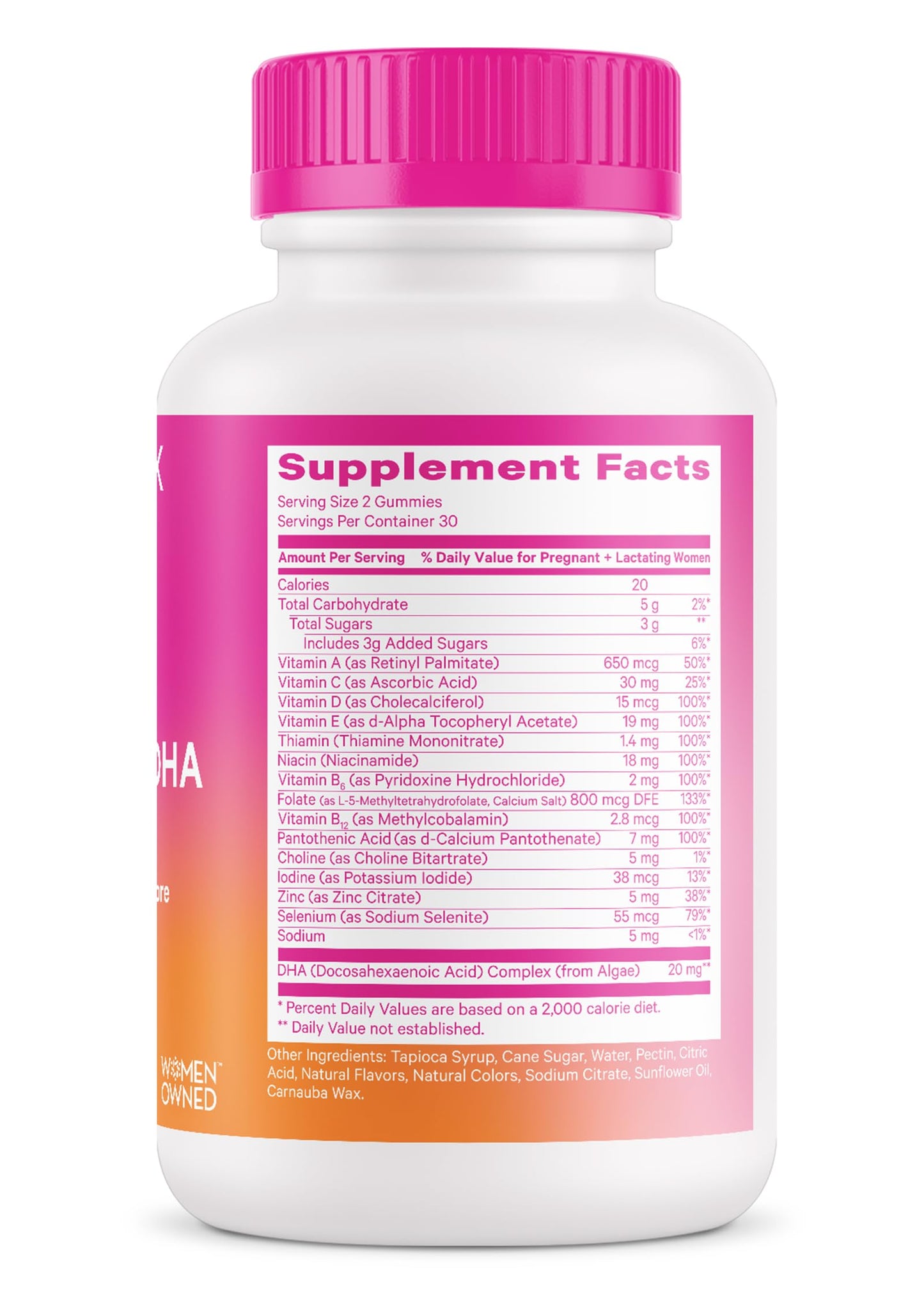 Frasco suplementación vitamínica prenatal Pink Stork vegana