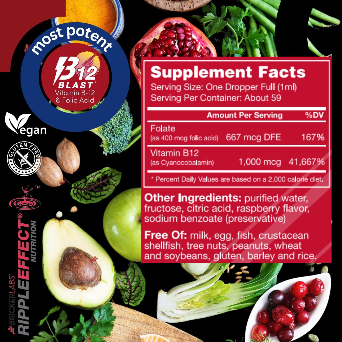 Frasco suplementario B-12 Blast vitamina B12 ácido fólico Bricker Labs