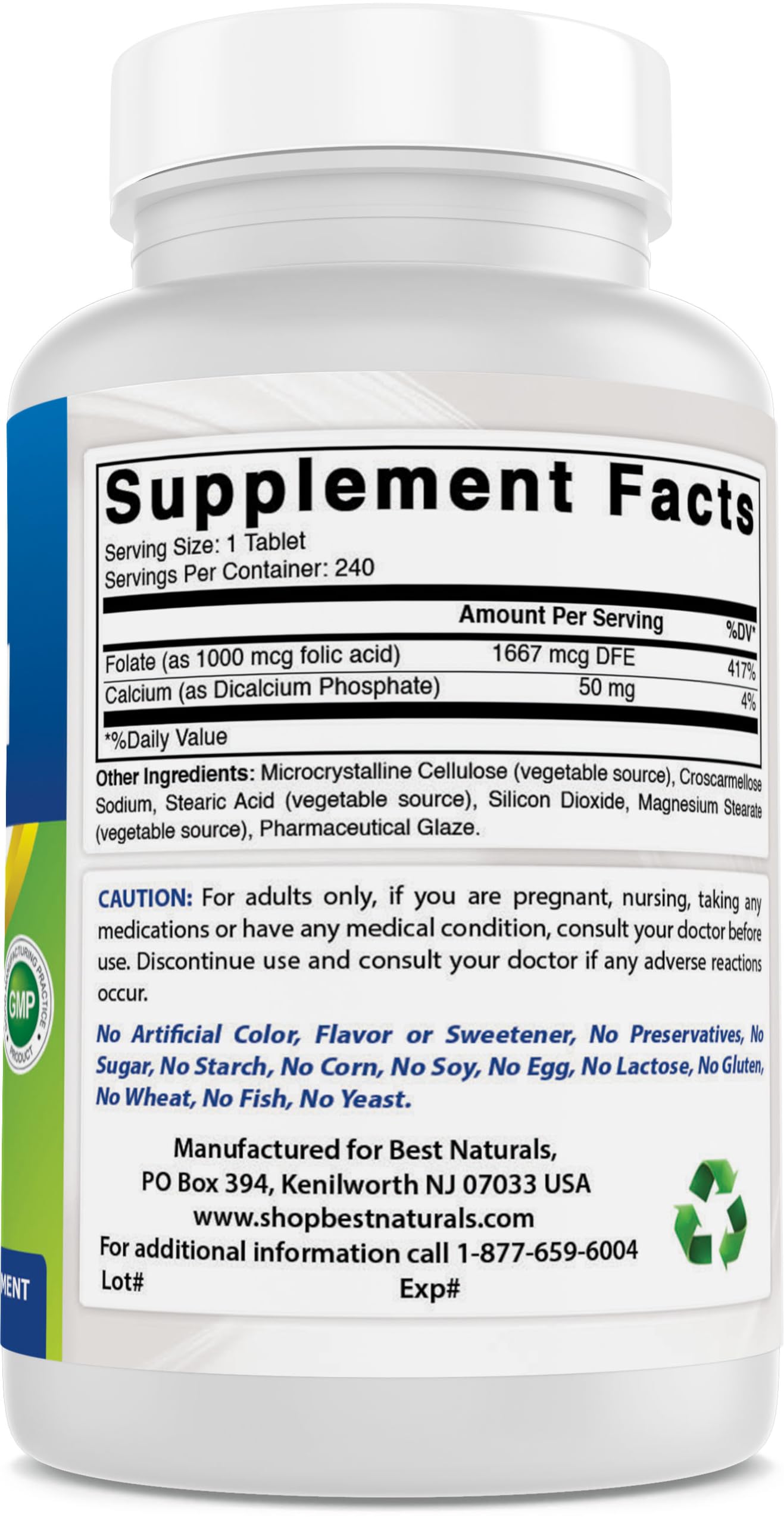 Frasco suplemento ácido fólico Best Naturals vista lateral