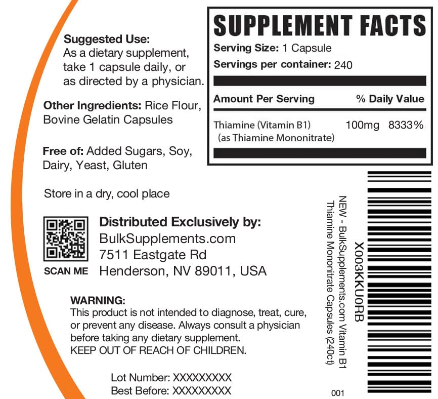 Frasco suplemento BulkSupplements mononitrato de tiamina