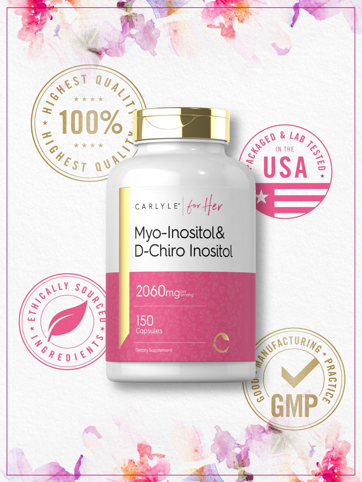 Frasco suplemento Carlyle Myo e D-Chiro Inositol 150 pastillas