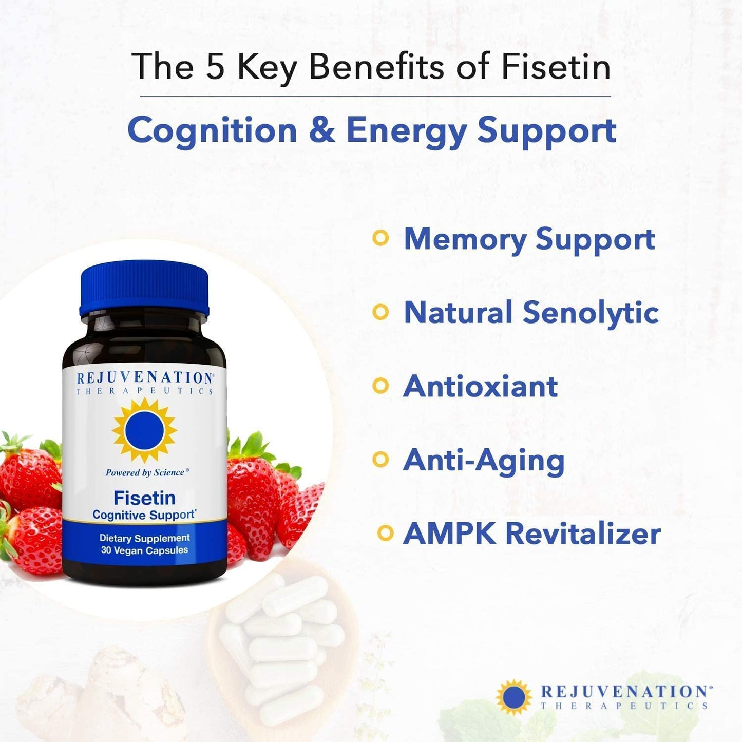Frasco suplementario Fisetina y vitamina D3 Rejuvenation Therapeutics