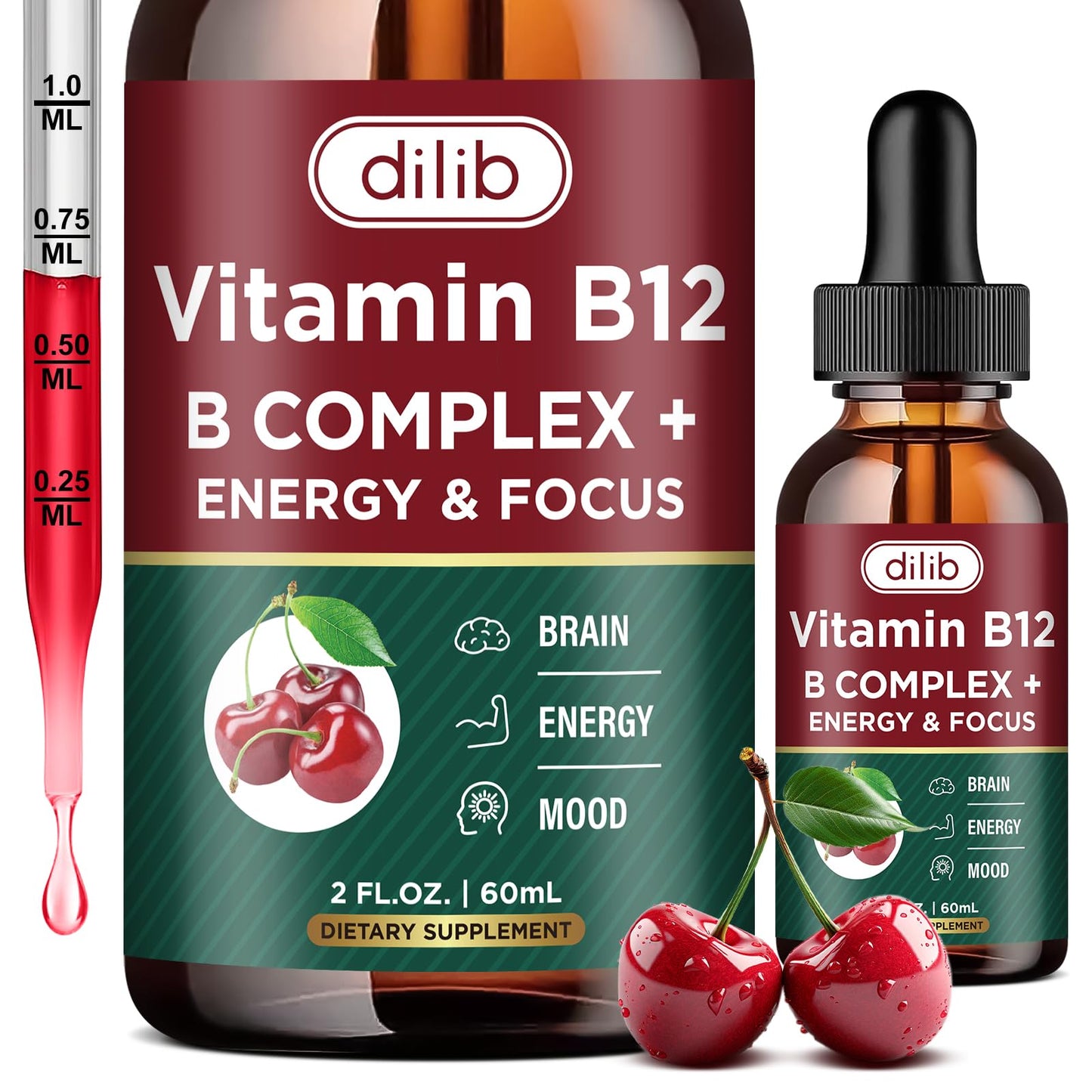Frasco suplemento líquido complejo vitamina B12 vegano 2 oz