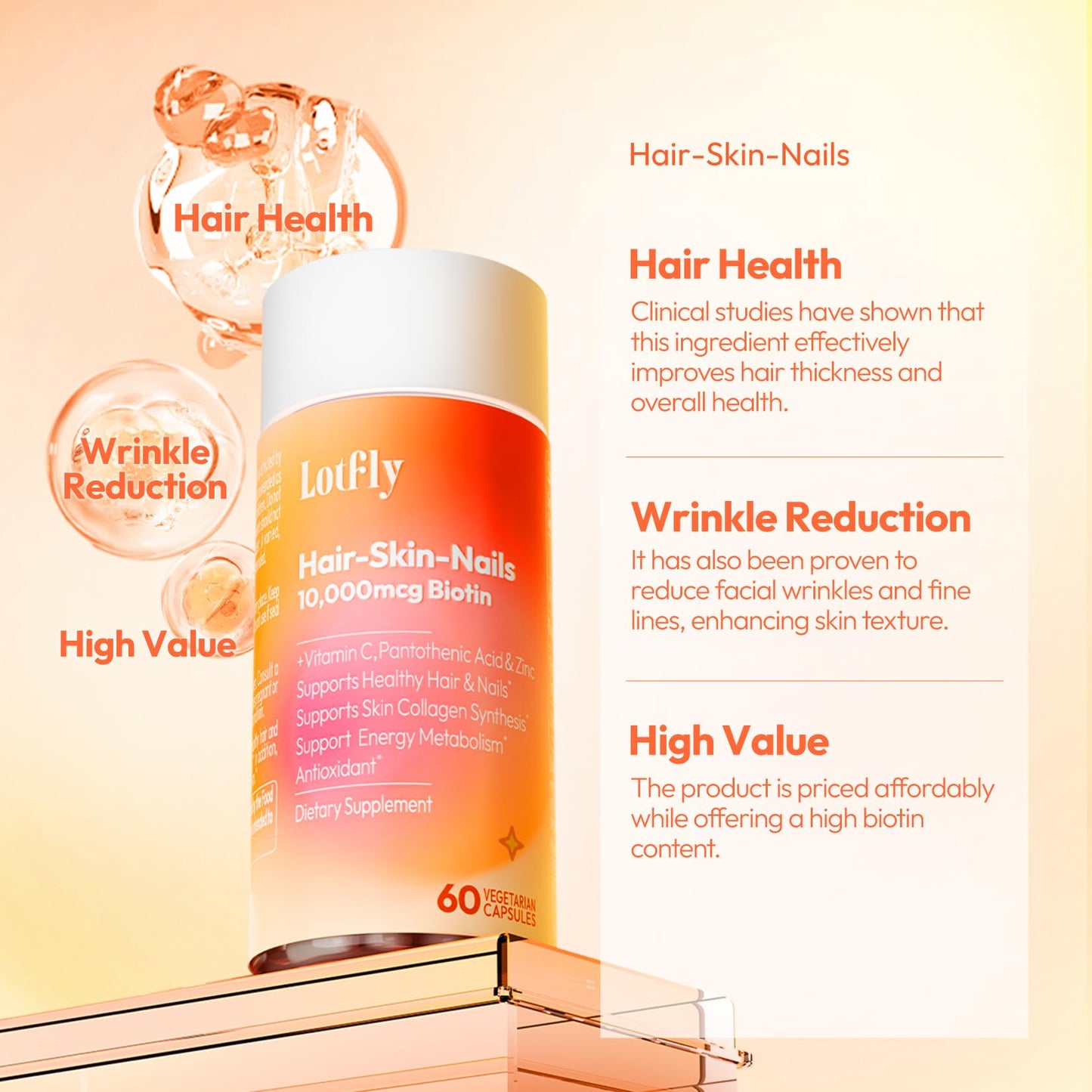 Frasco suplemento LOTFLY para piel y cabello fuerte