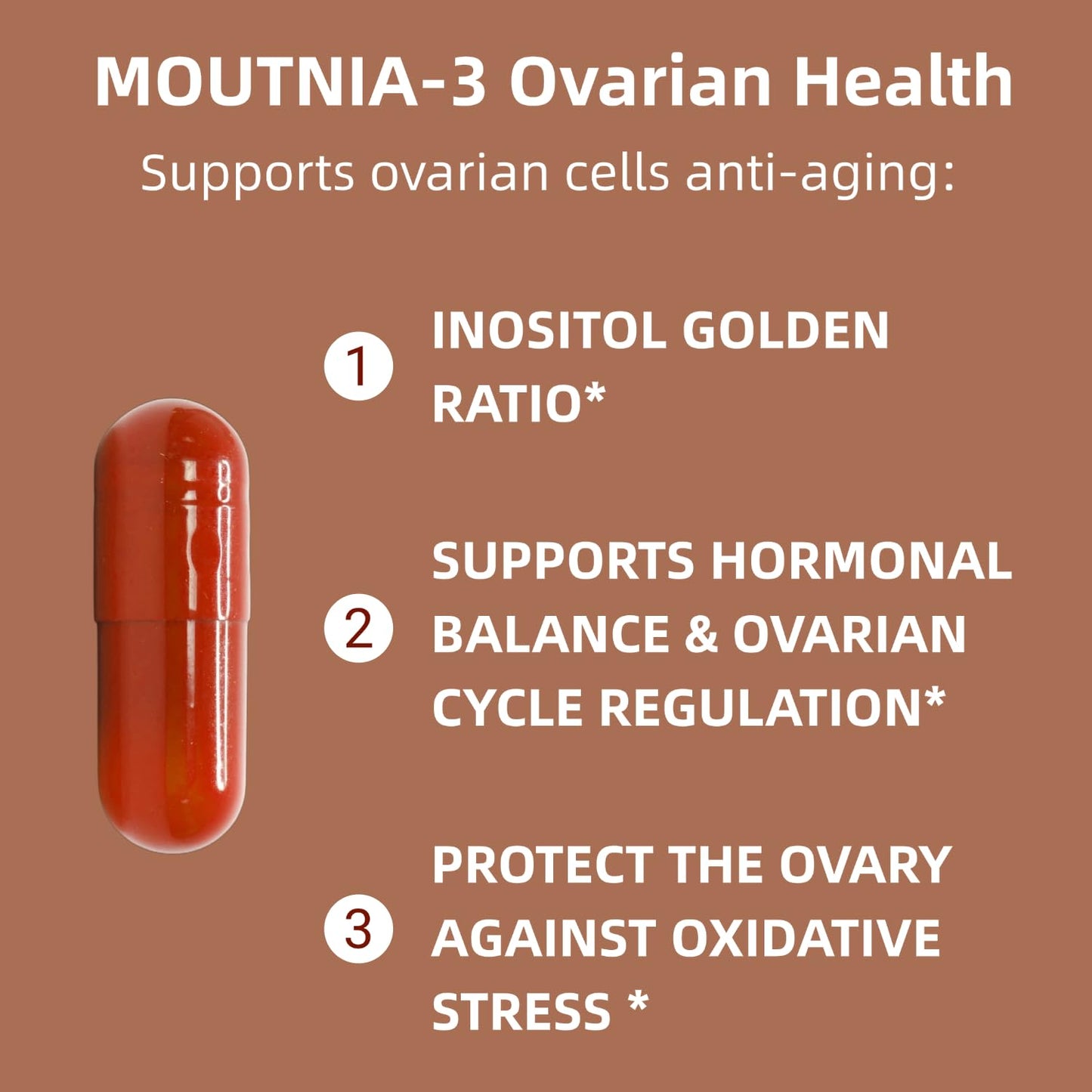 Frasco de suplemento MOUTNIA-3 para balance hormonal y ciclo menstrual