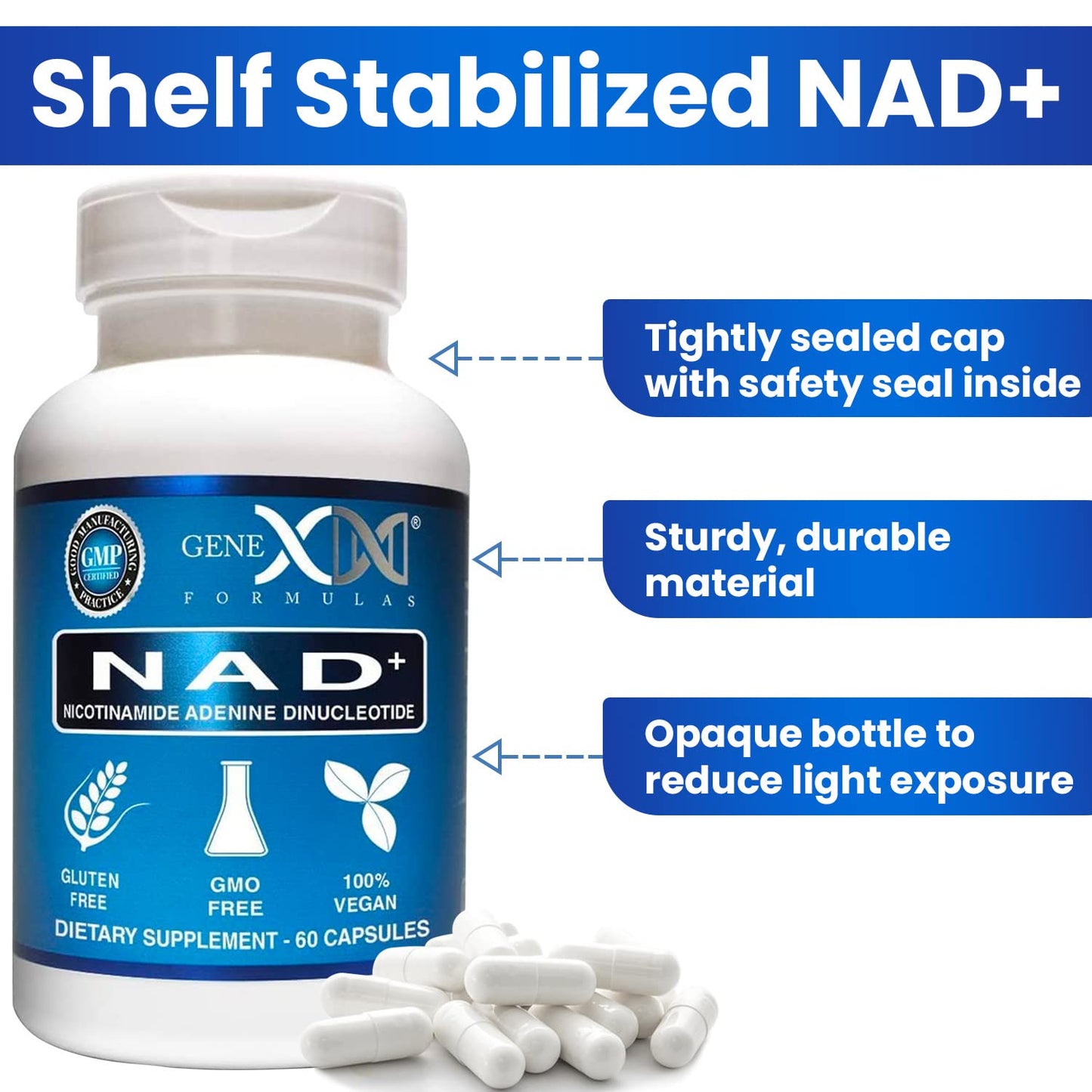Frasco de suplemento NAD+ Genex Formulas con ingredientes naturales