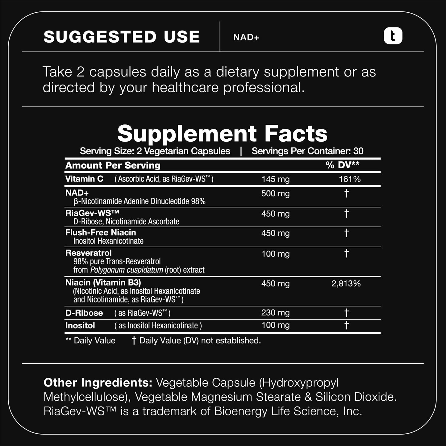 Frasco suplemento NAD+ Toniiq 1500mg potente y probado