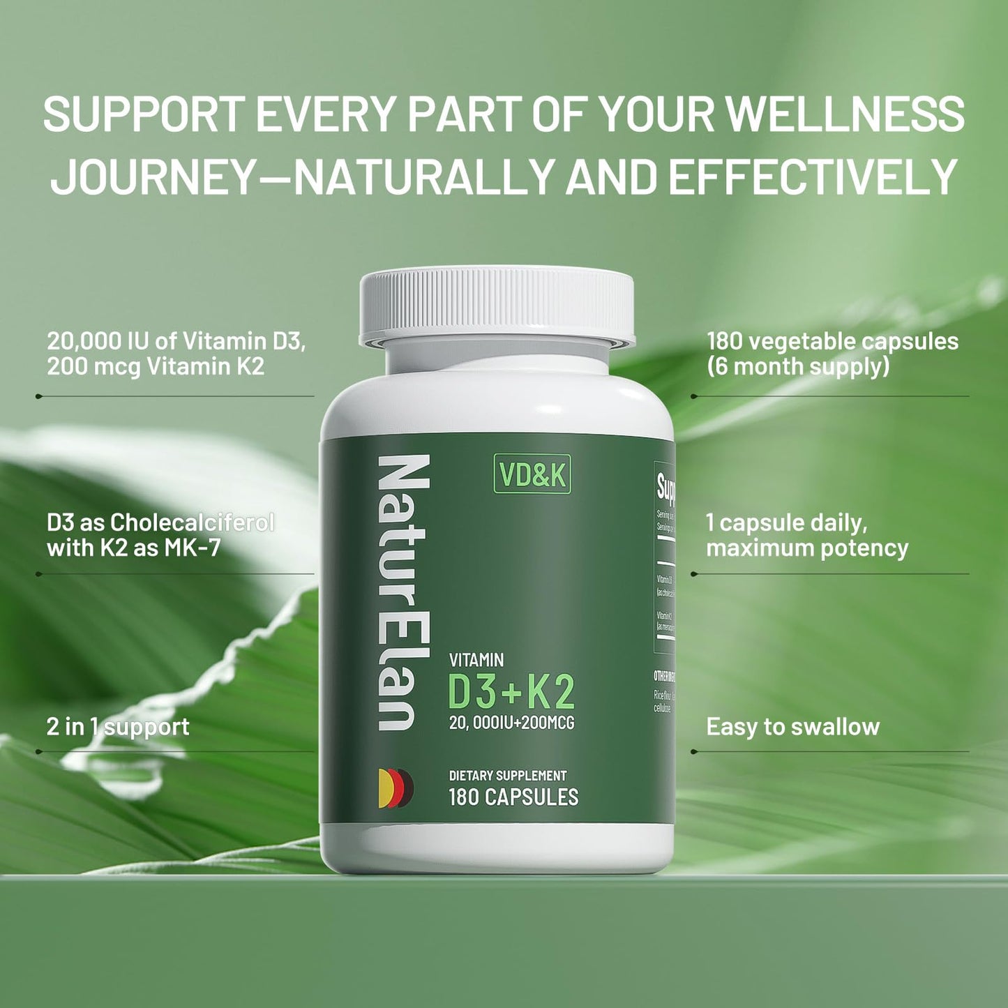 Frasco de suplemento NaturElan con vitamina D3 K2 y magnesio
