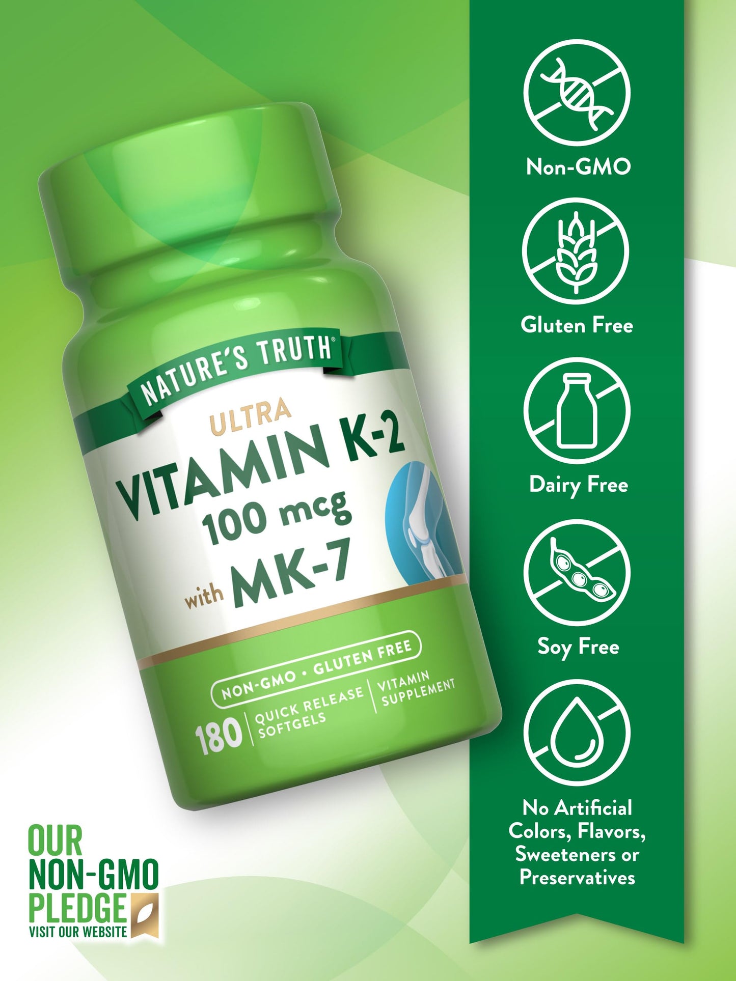 Frasco de suplemento Nature's Truth Vitamina K2 MK-7 vista lateral