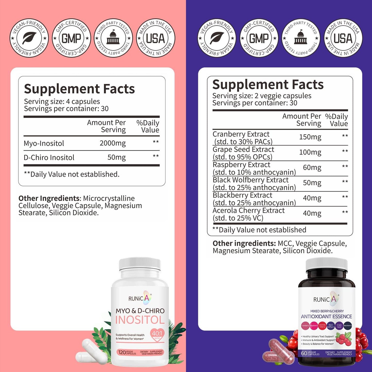Frasco suplemento RUNICA con 180 cápsulas para hormonas y antioxidante