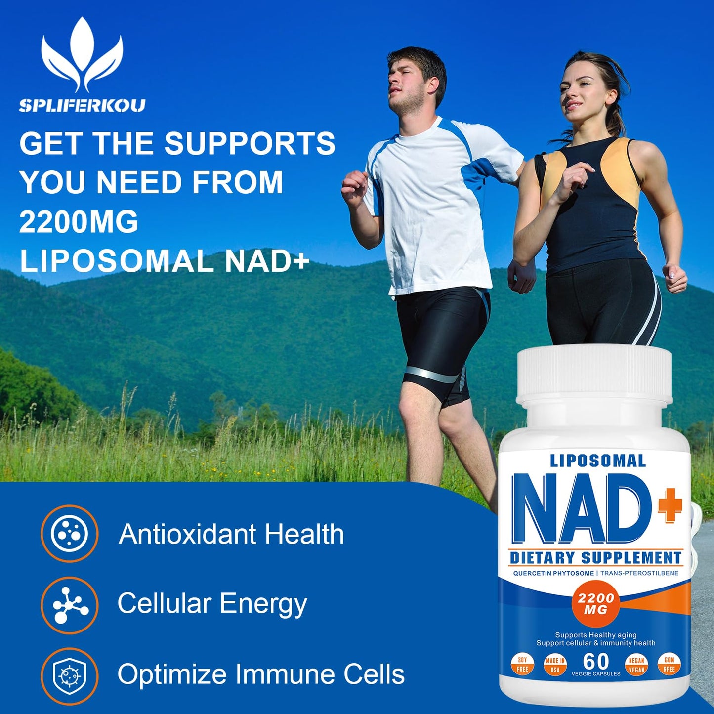 Frasco suplemento spliferkou nad+ cápsulas para energía y salud