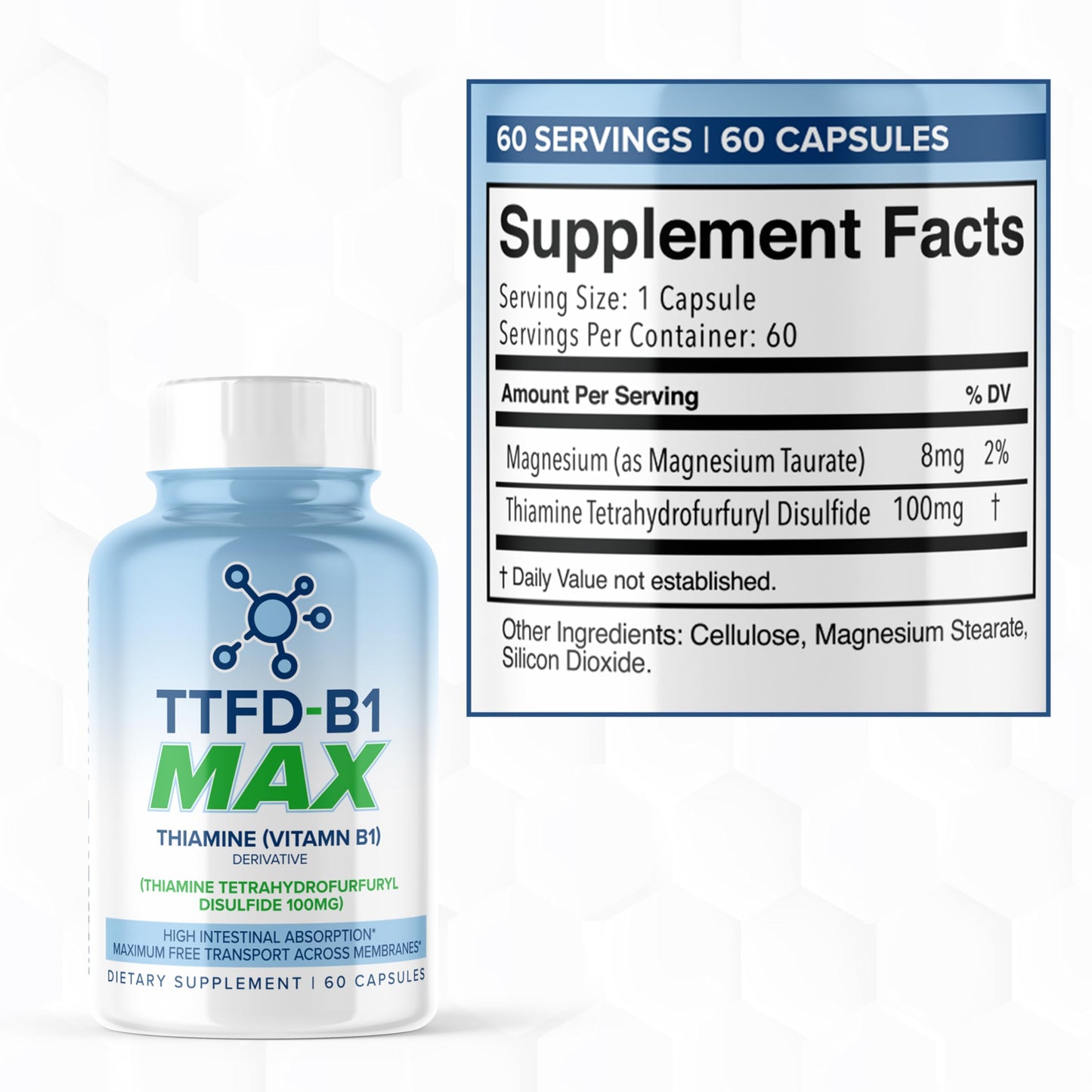 Frasco del suplemento TTFD tiamina B1 MaxLife Naturals