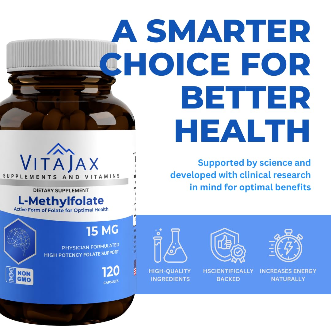Frasco de suplemento VITAJAX L-Metilfolato 120 unidades