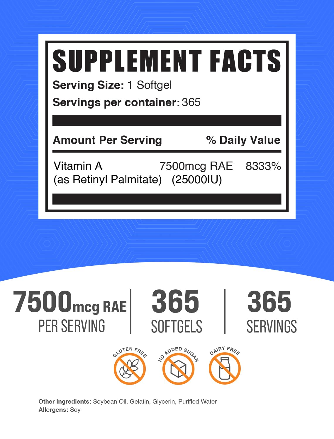 Frasco suplemento vitamina a 25000 iu apoya salud ocular BulkSupplements