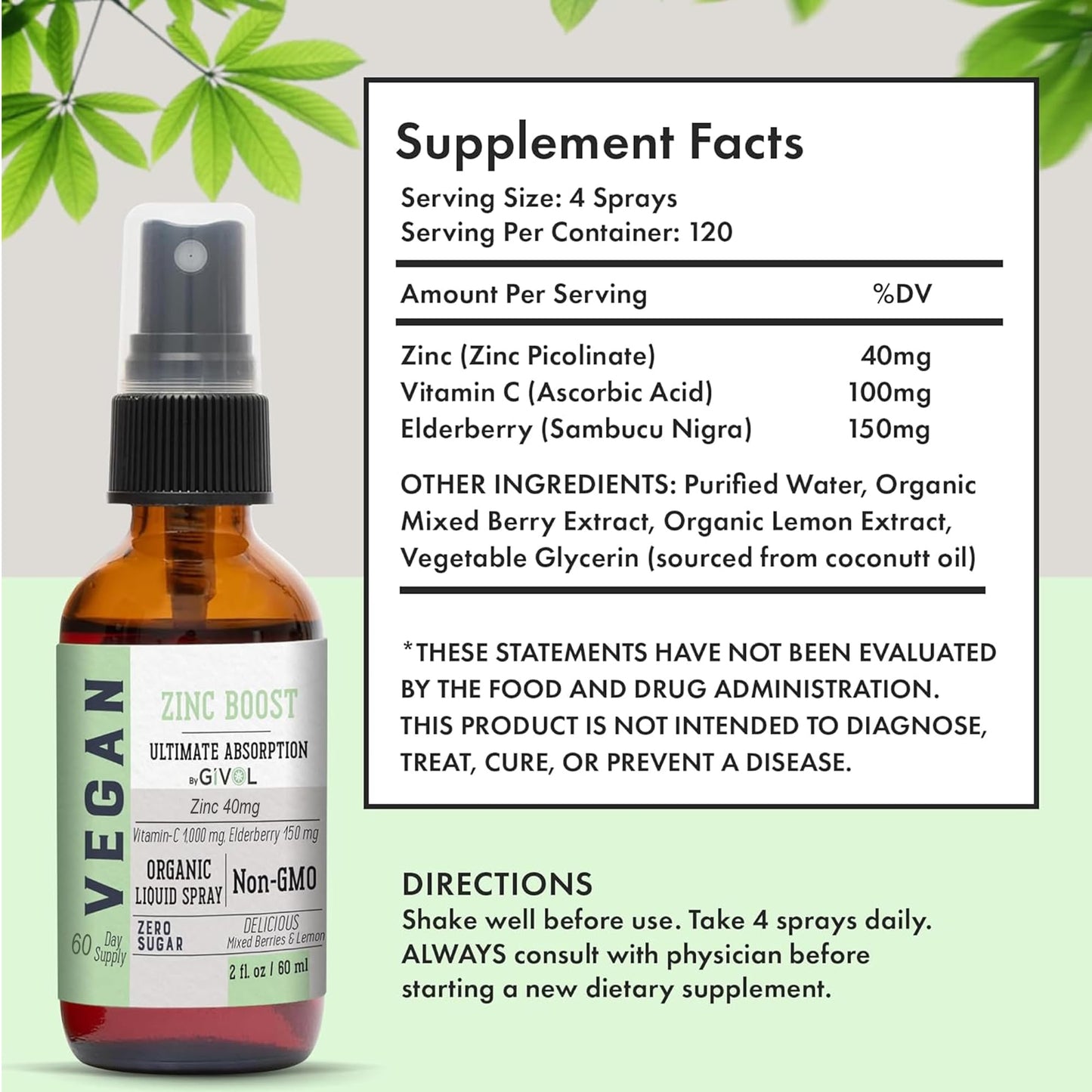 Frasco suplemento vitamina B12 y zinc spray vegano GIVOL