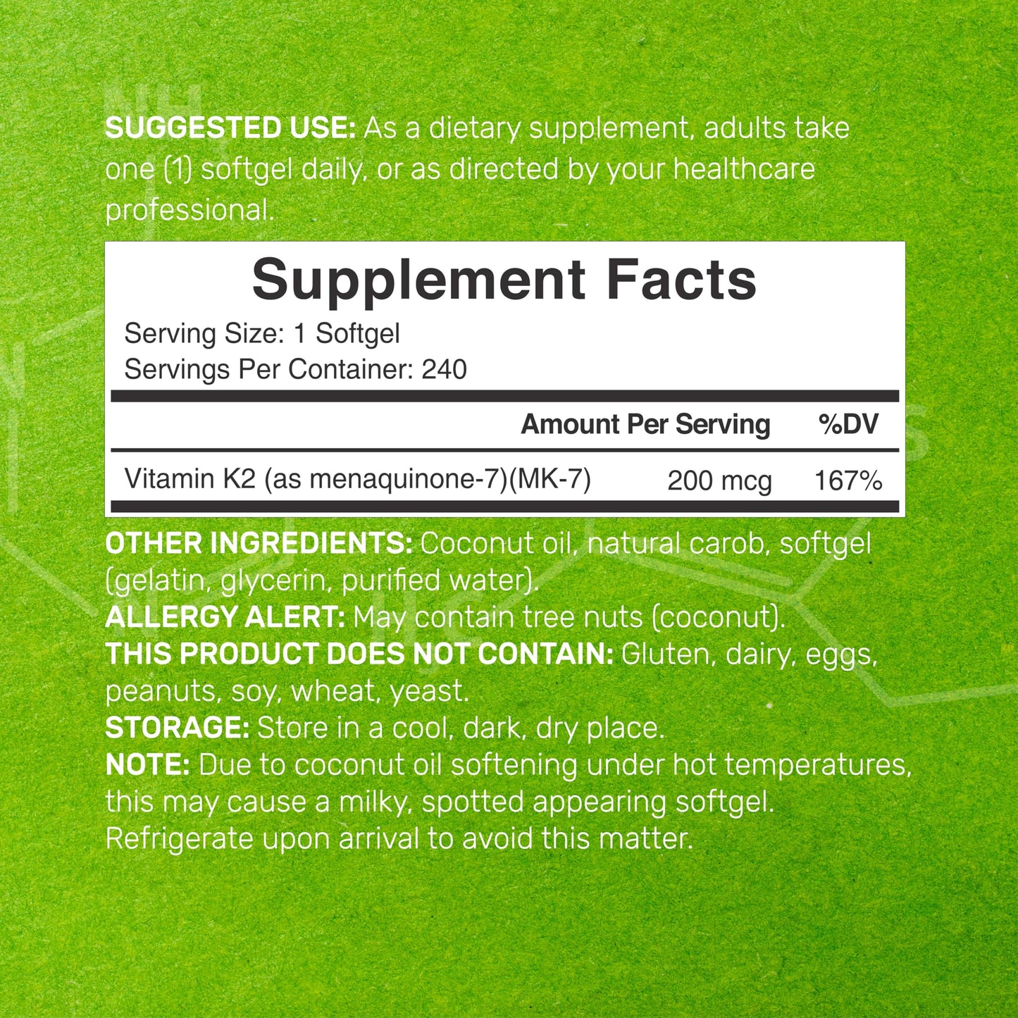 Frasco suplemento Vitamina K2 MK-7 cápsulas blandas
