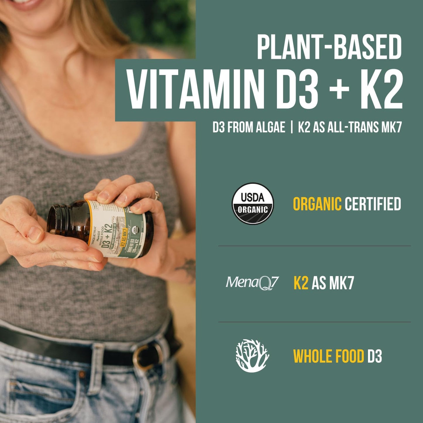 Frasco suplemento vitamínico D3 y K2 orgánico vegano Triquetra Health