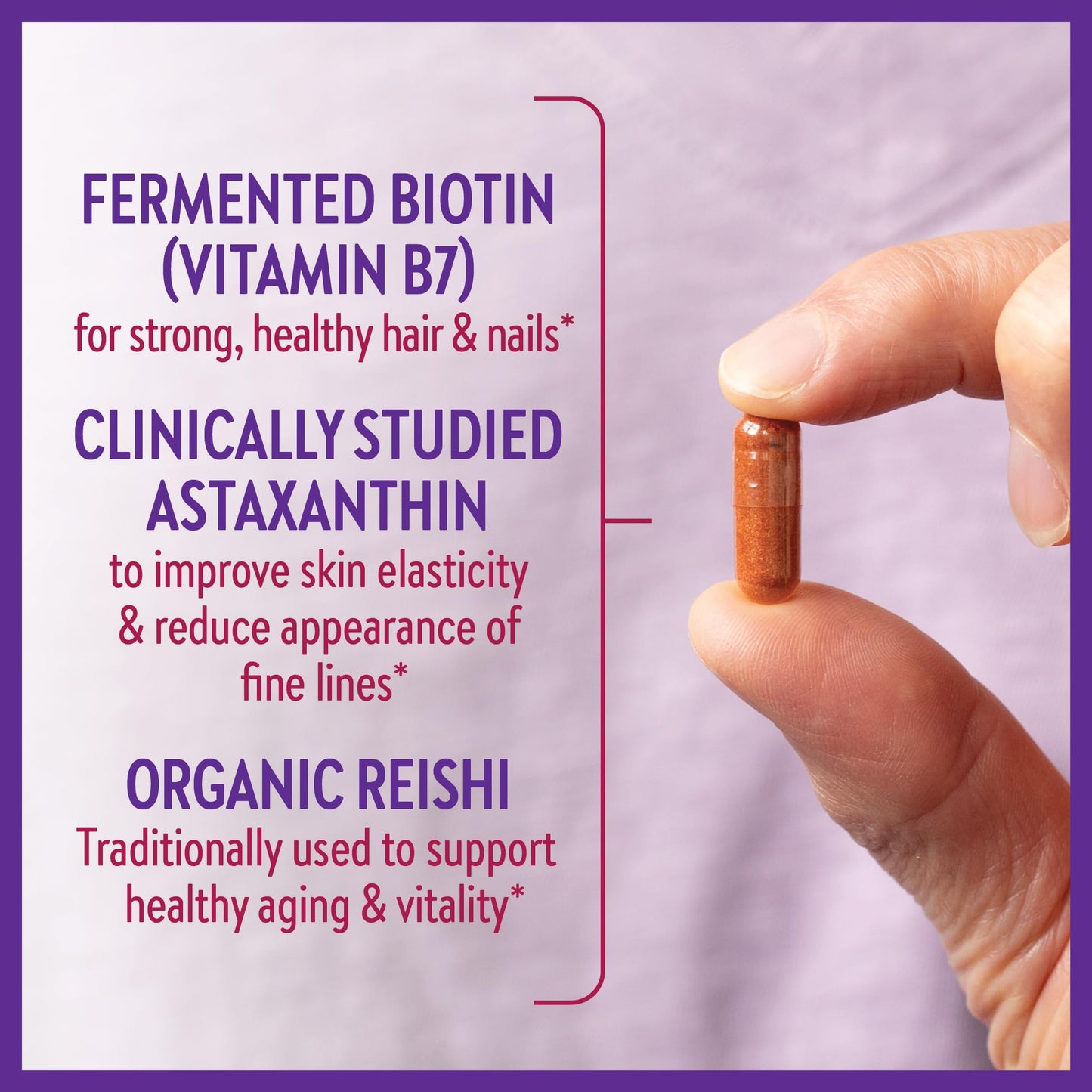 Frasco suplemento vitamínico vegano New Chapter biotina y astaxantina