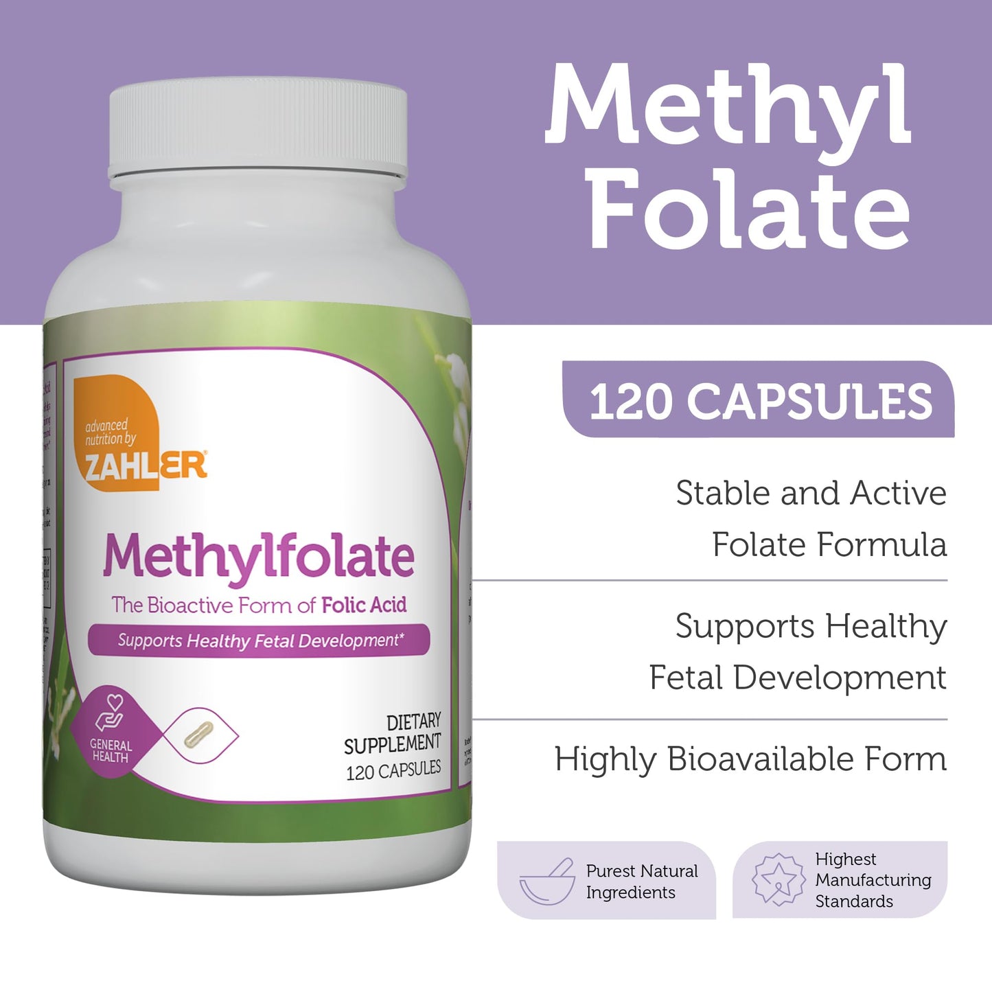 Frasco de suplemento Zahler L-metilfolato 1000 mcg para mujeres