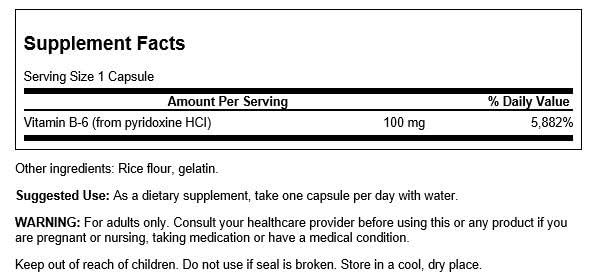 Frasco Swanson vitamina B6 100 cápsulas soporte metabolismo