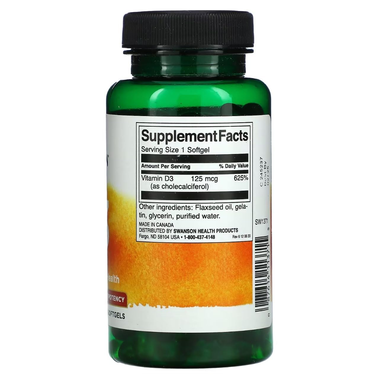 Frasco de Swanson Vitamina D3 5000 IU 250 cápsulas blandas
