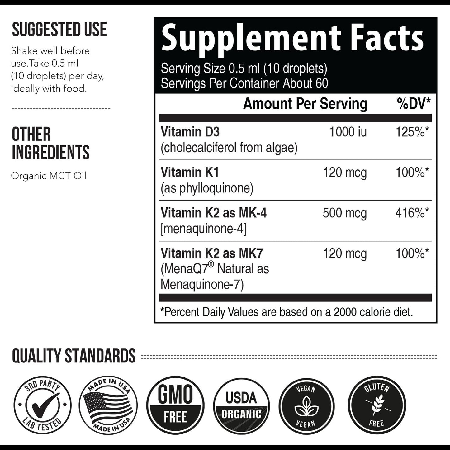 Frasco Total K2 vitamina K2 MK7 MK4 y K1 orgánica líquida