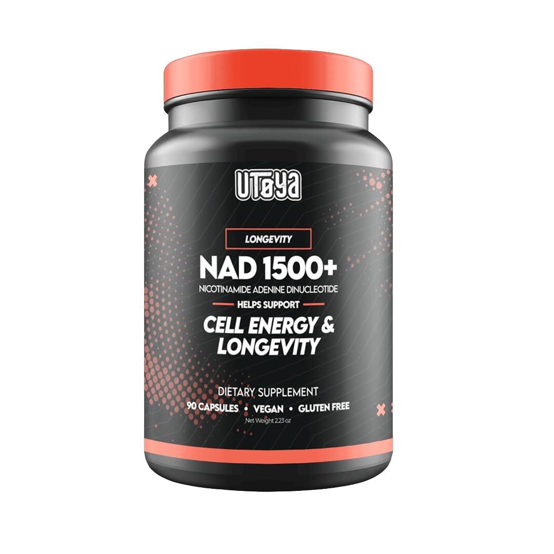 Frasco UTOYA NAD 1500+ suplemento vegano con 90 cápsulas para energía y vitalidad