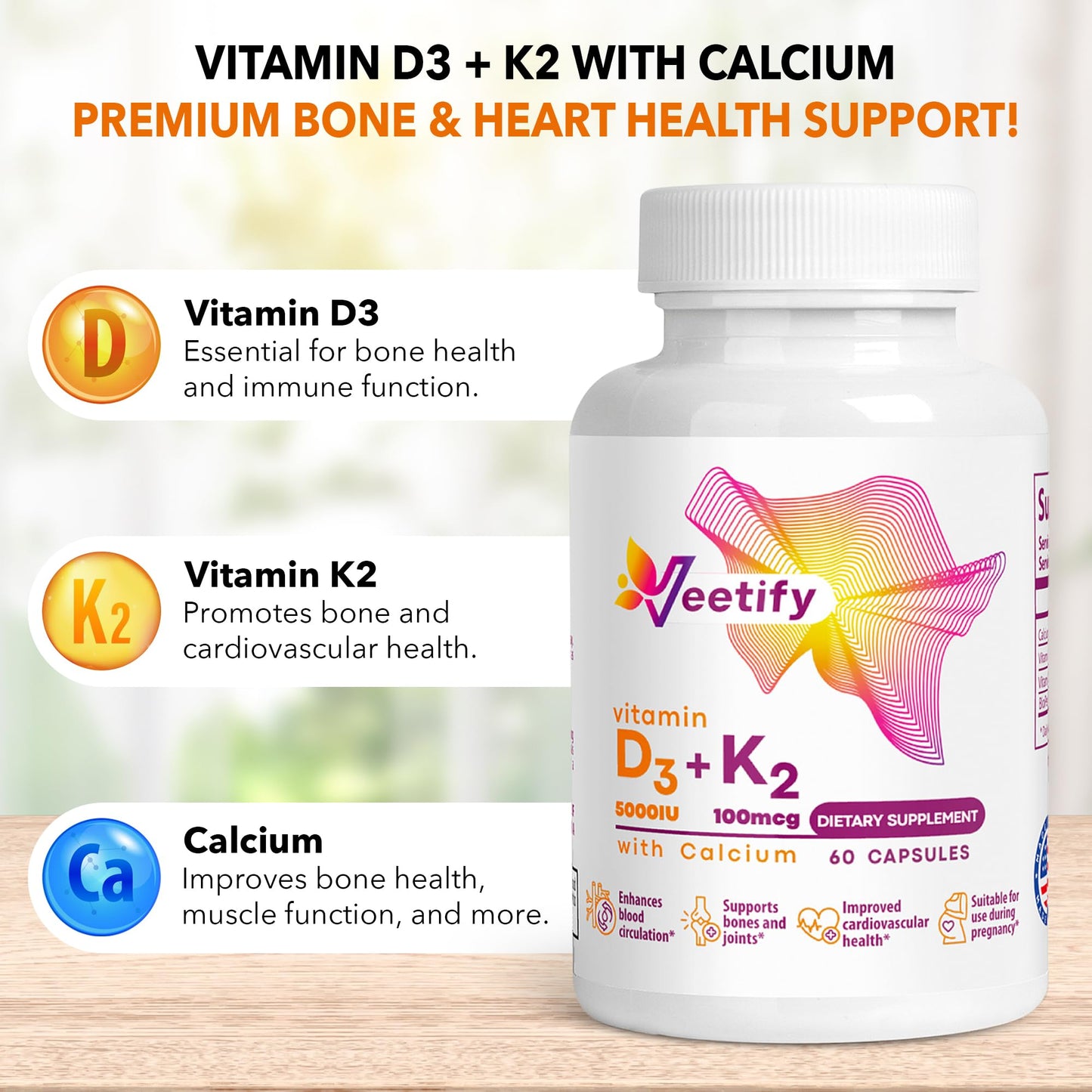 Frasco Veetify 60 cápsulas vegetales vitaminas D3 K2 para huesos y articulaciones