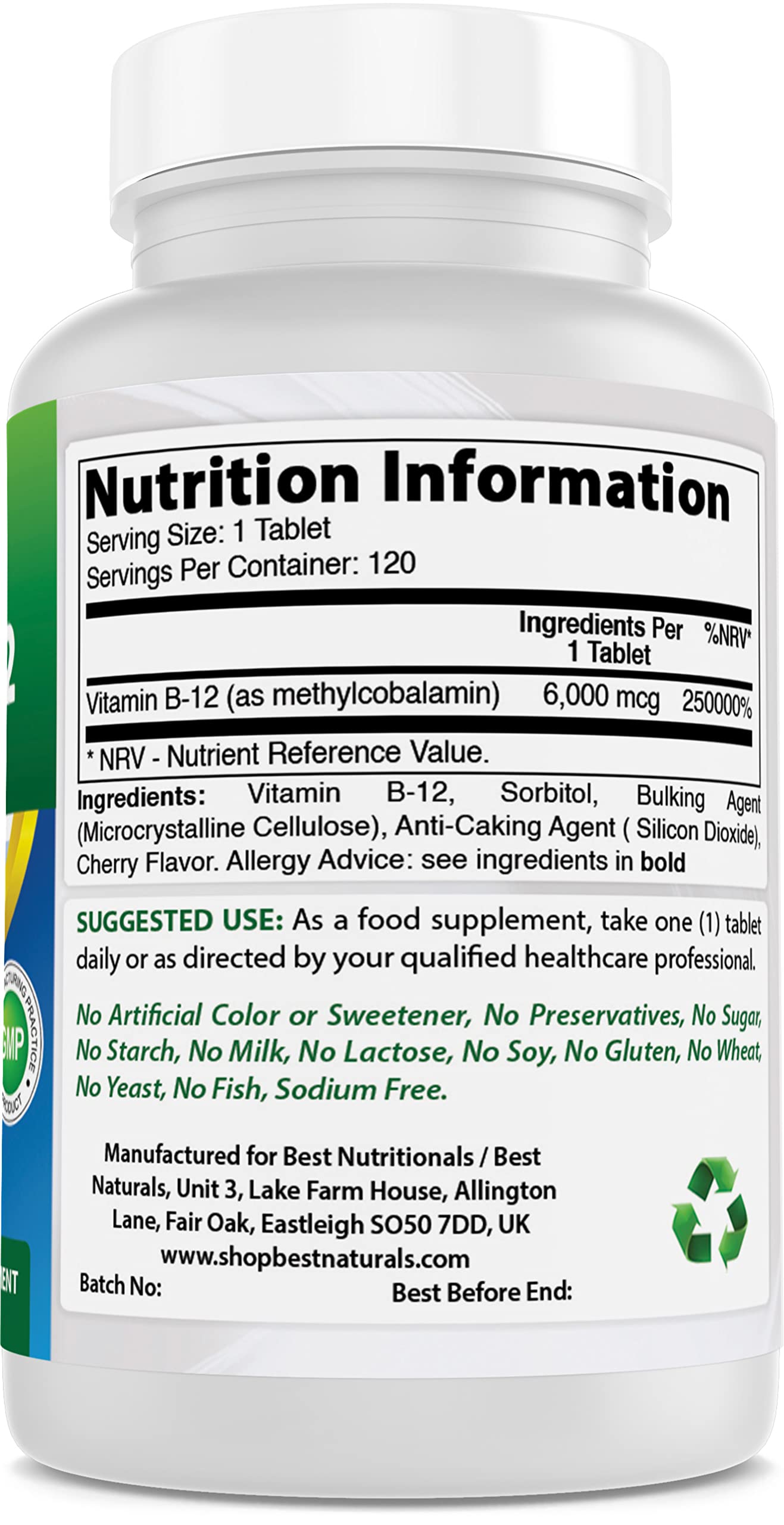 Frasco Vitamina B12 6000mcg tableta libre de gluten