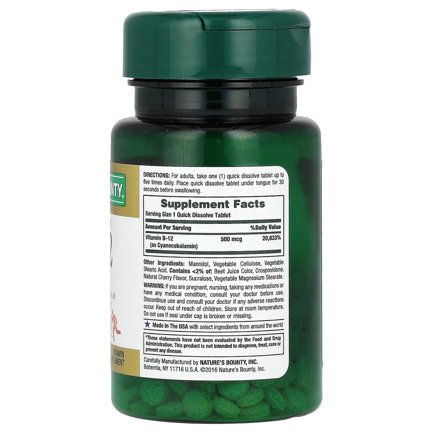 Frasco Vitamina B-12 Nature's Bounty 500 mcg 100 tabletas