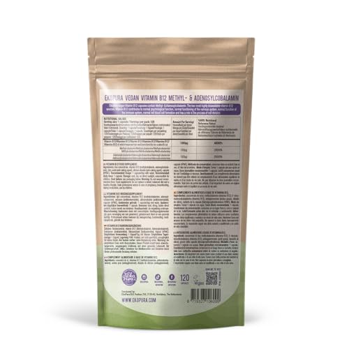 Frasco vitamina B12 vegana Ekopura suplemento cápsulas planta