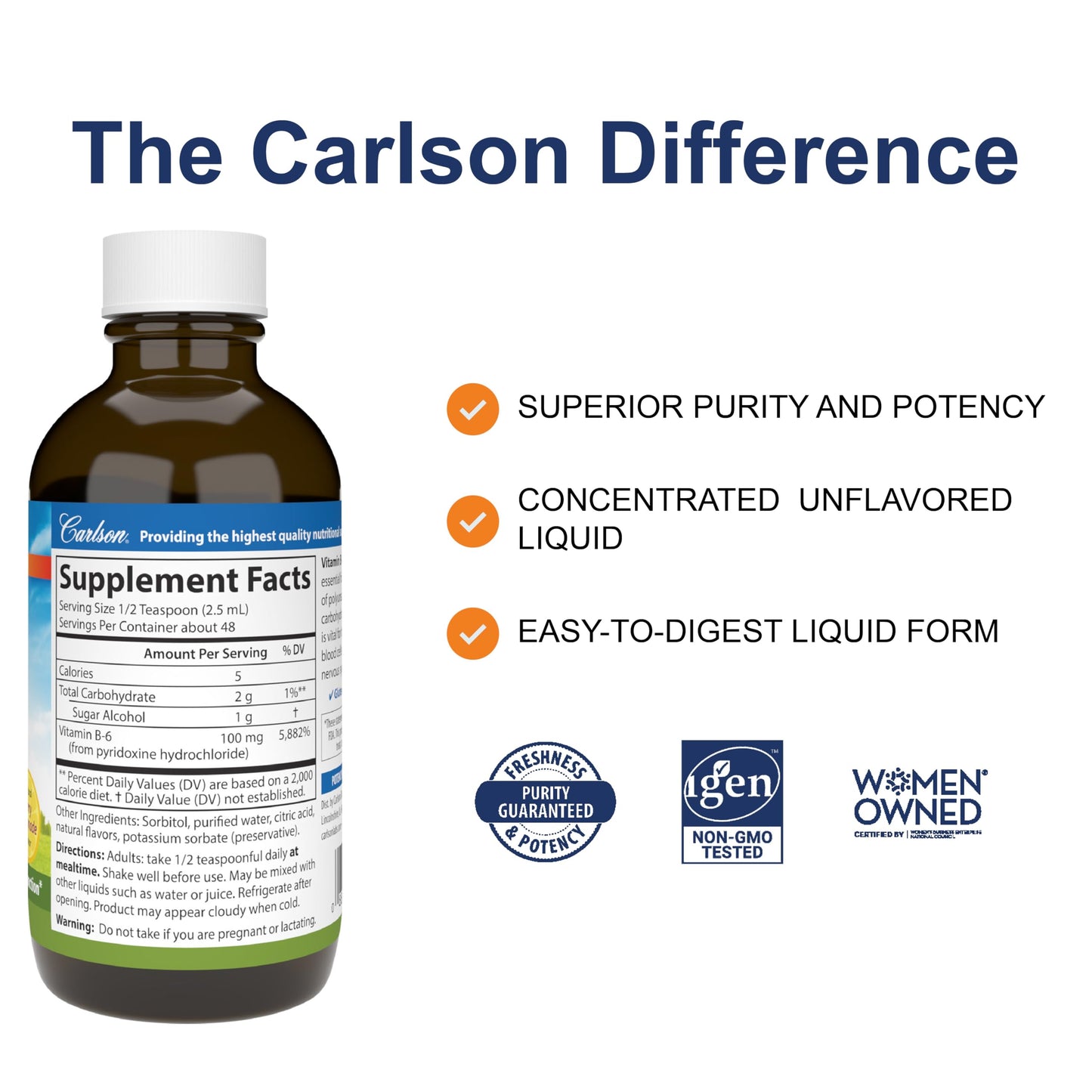 Frasco de vitamina B6 Carlson para producción energía y salud visual