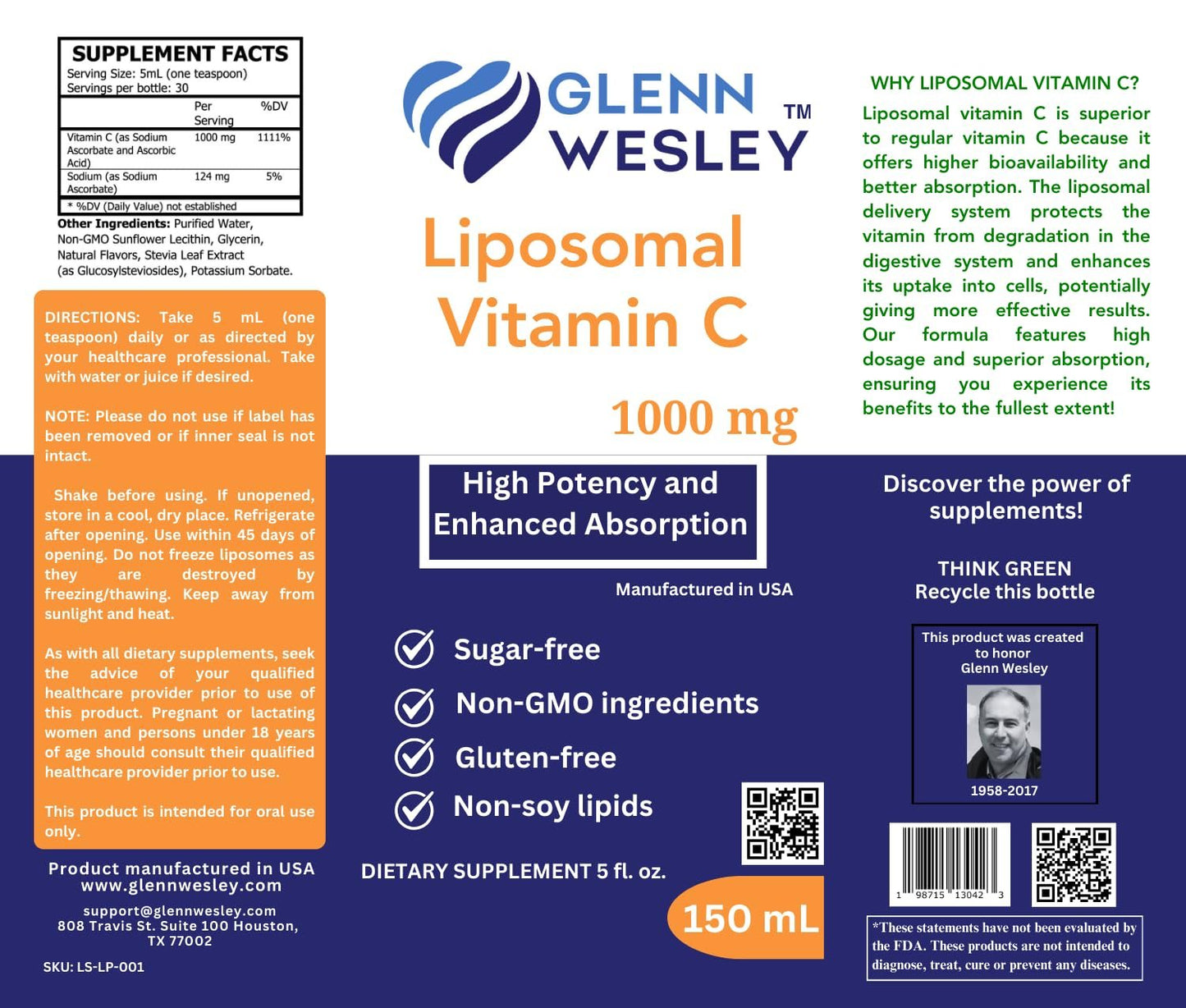 Frasco de vitamina c liposomal Glenn Wesley 1000mg 150ml