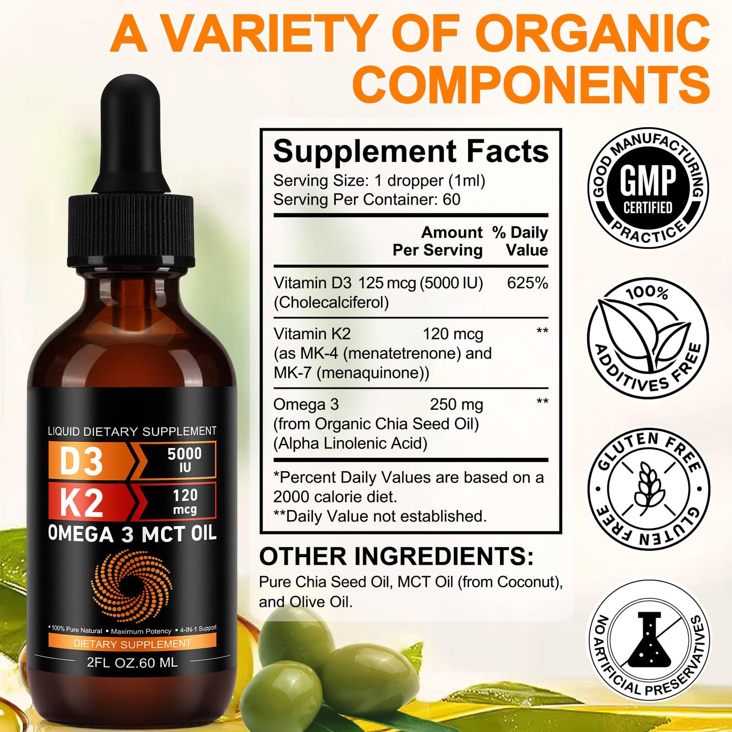 Frasco vitamina D3 5000 IU K2 120 mcg con aceite MCT Omega 3