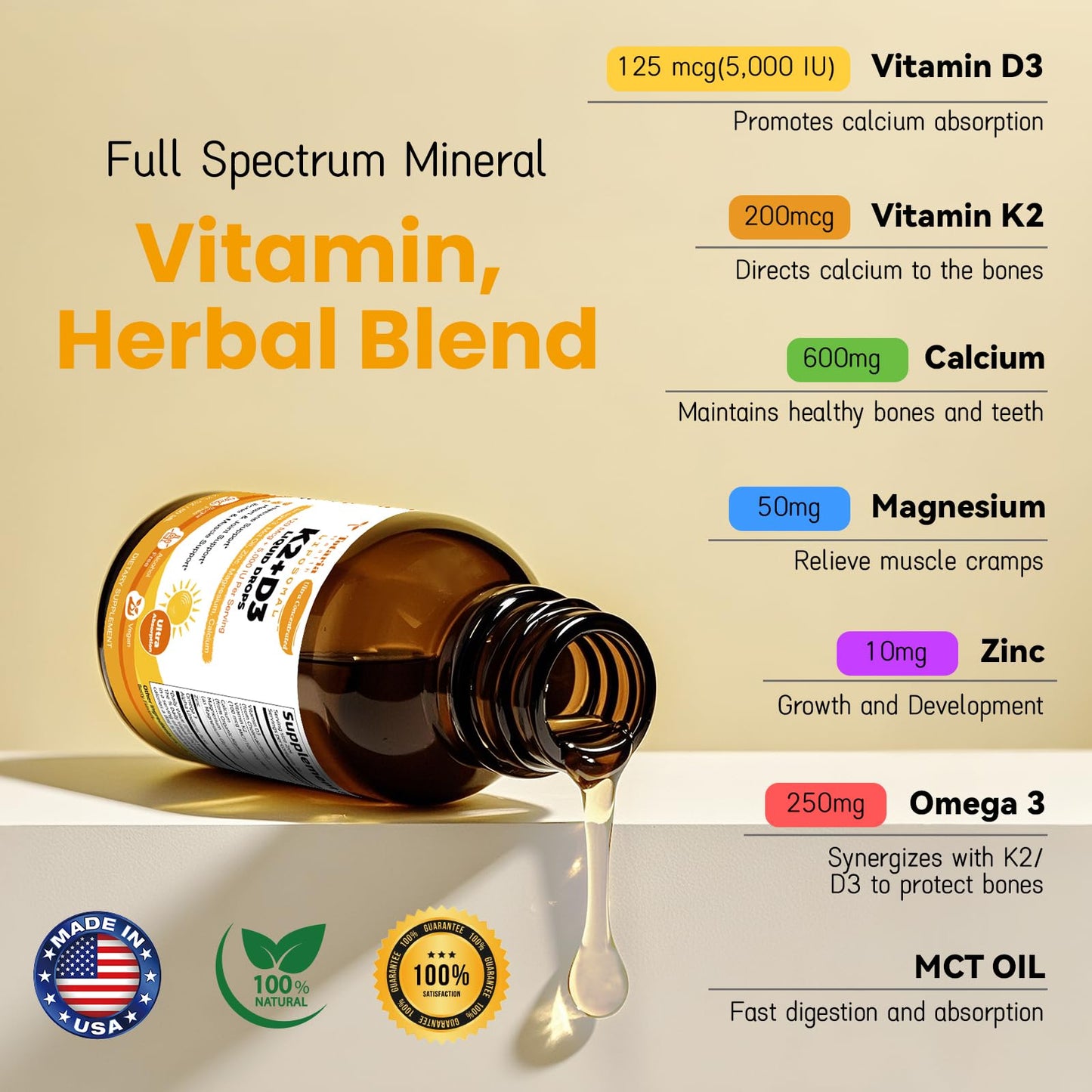 Frasco de vitamina D3 K2 líquida con sabor a bergamota
