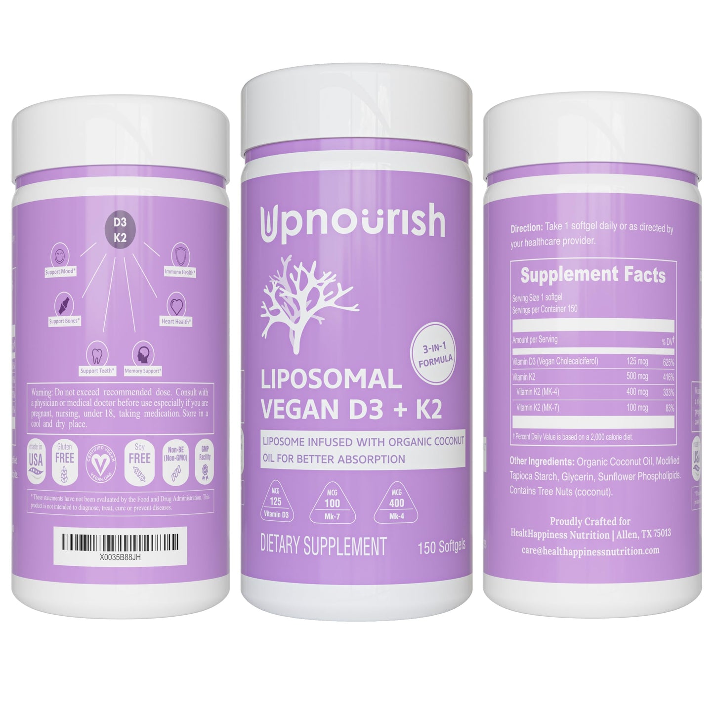 Frasco vitamina D3 y K2 vegano UpNourish con aceite de coco orgánico