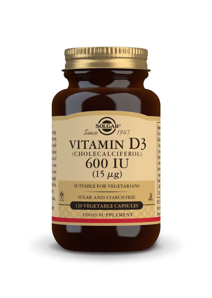 Frasco de vitamina D3 Solgar 600 UI en cápsulas vegetales
