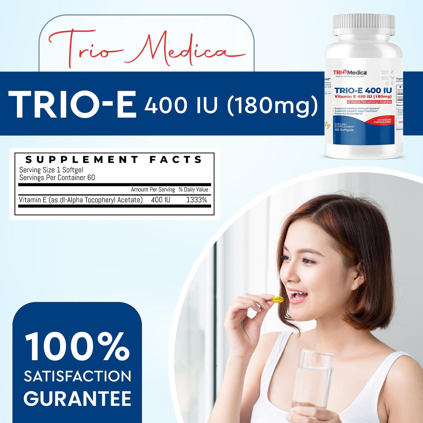 Frasco de Vitamina E TrioMedica 400 IU antioxidante