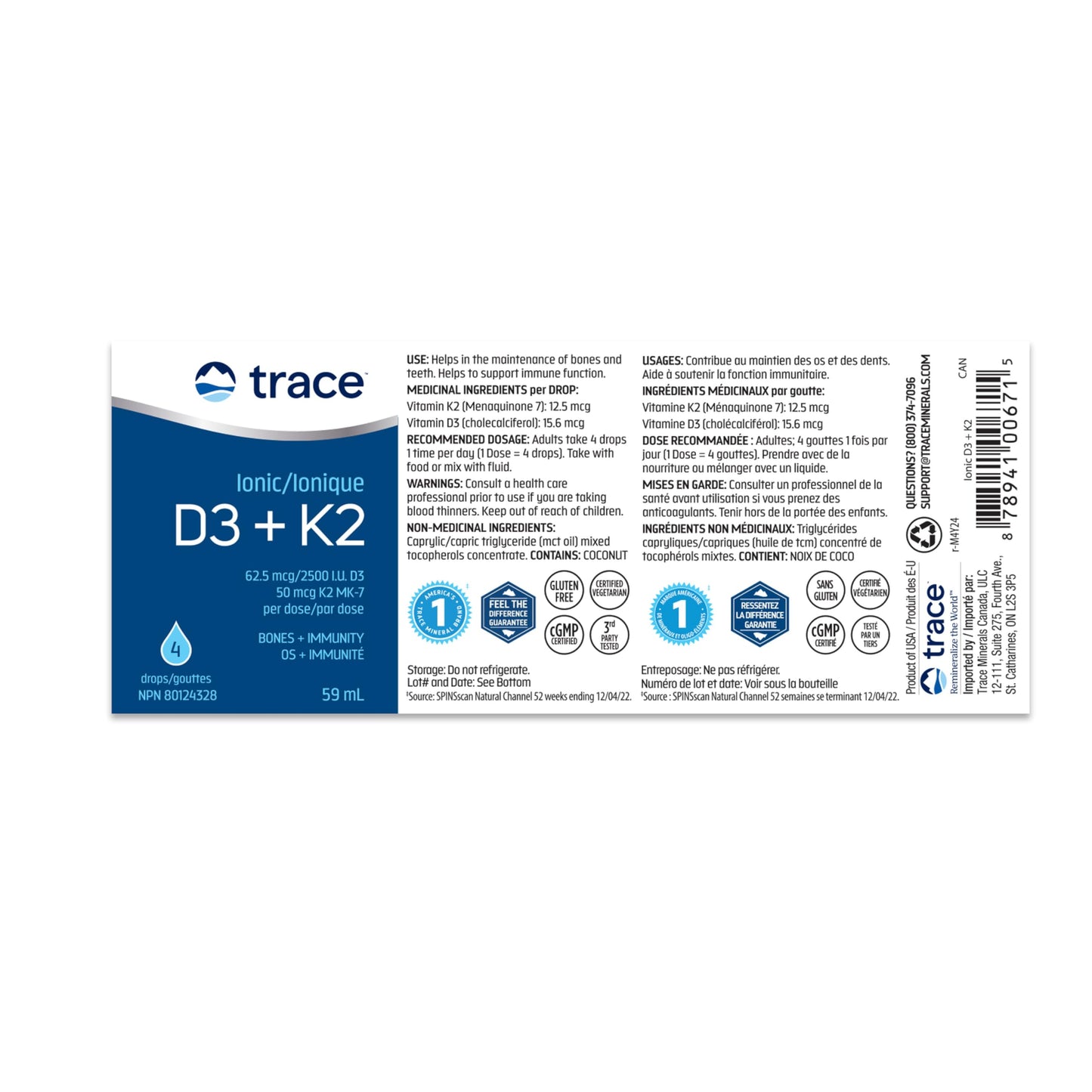 Frasco de vitamina líquida Trace Minerals D3 K2 2 fl oz
