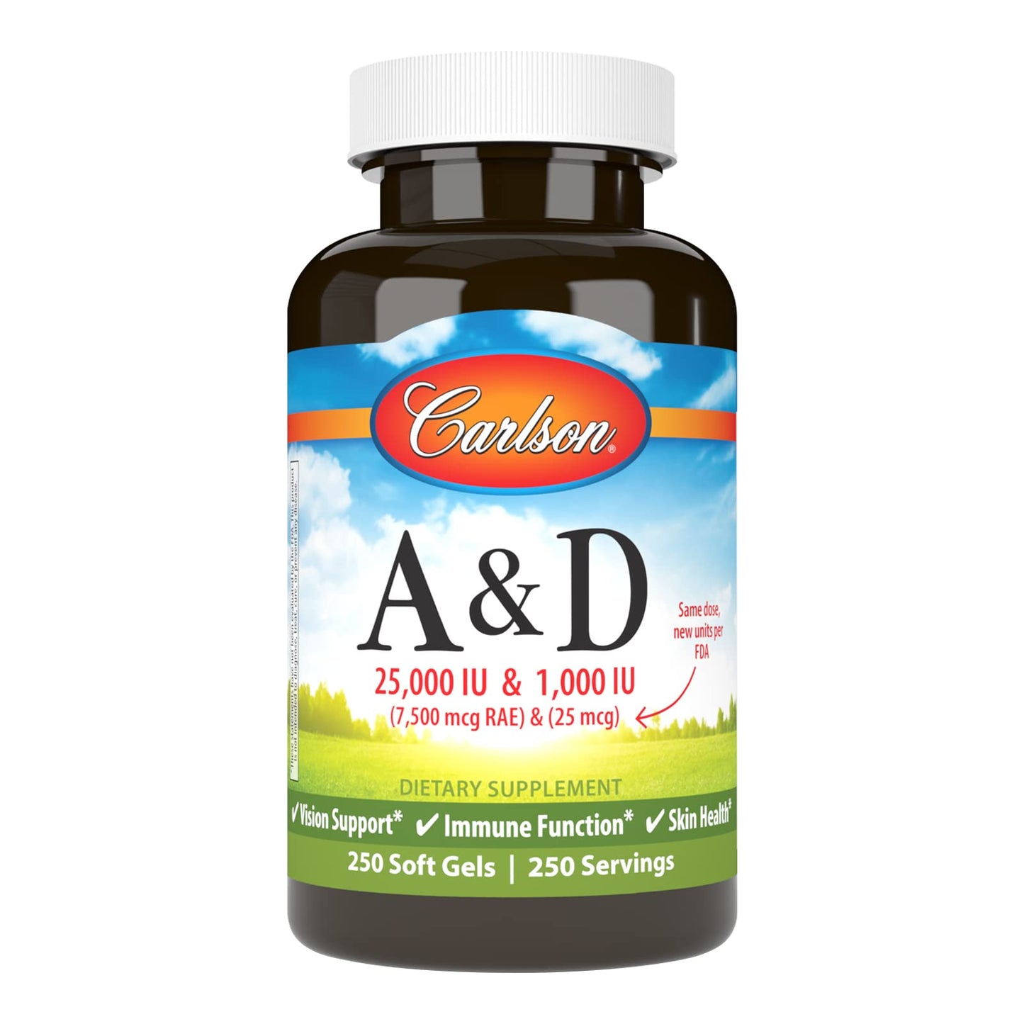 Frasco vitaminas A y D Carlson 250 cápsulas blandas
