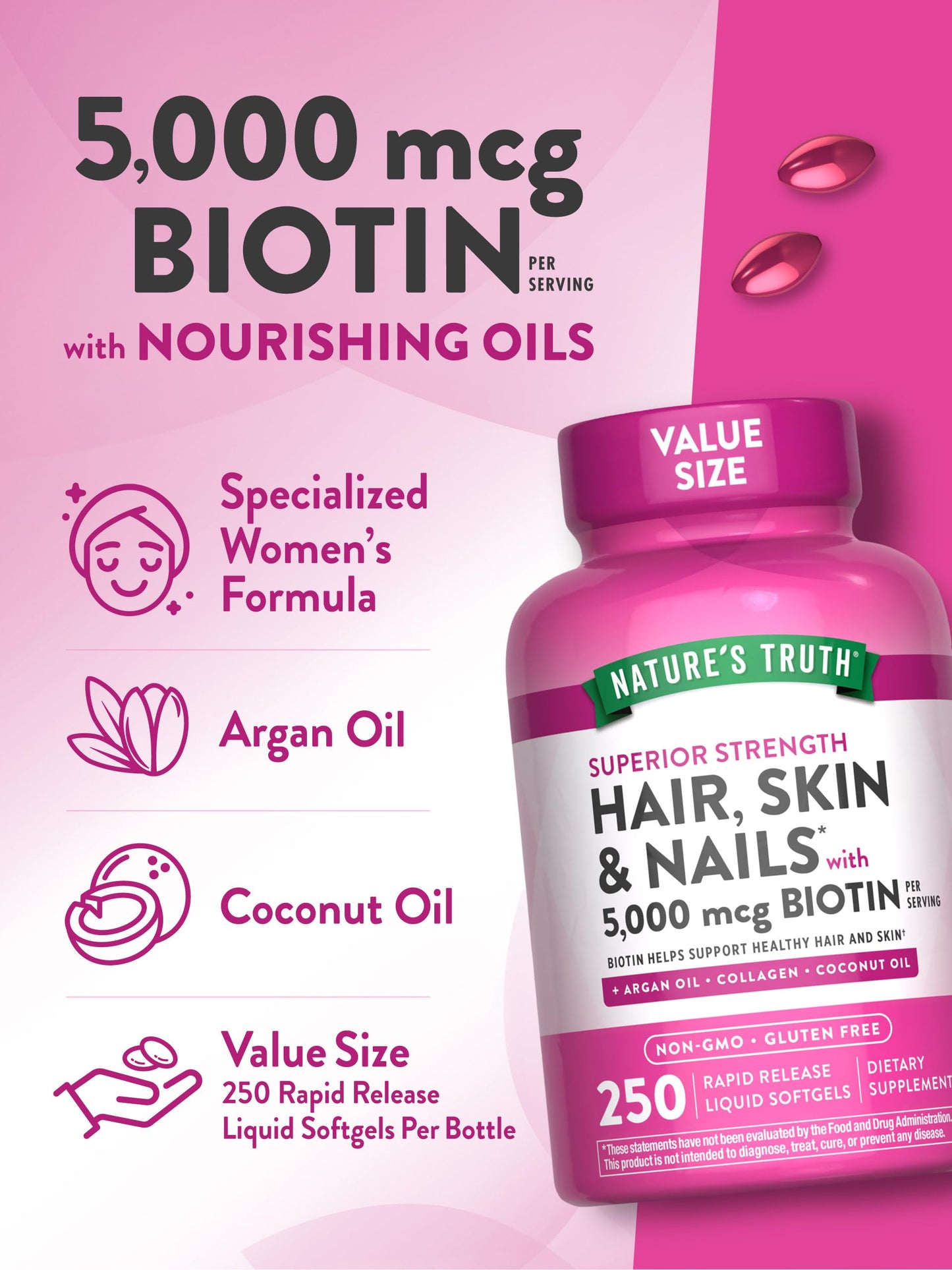 Frasco de vitaminas cabello piel y uñas Nature's Truth