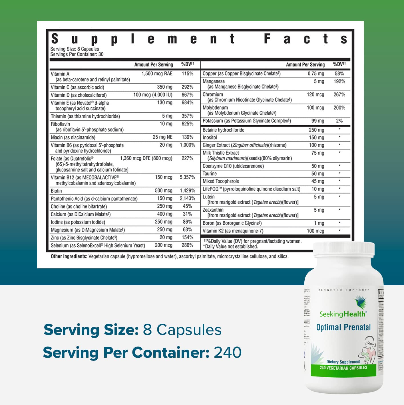 Frasco de vitaminas prenatales Seeking Health con nutrientes completos