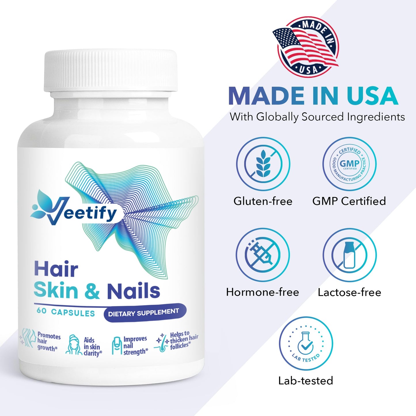 Frasco de vitaminas Veetify con mezcla de nutrientes para piel radiante