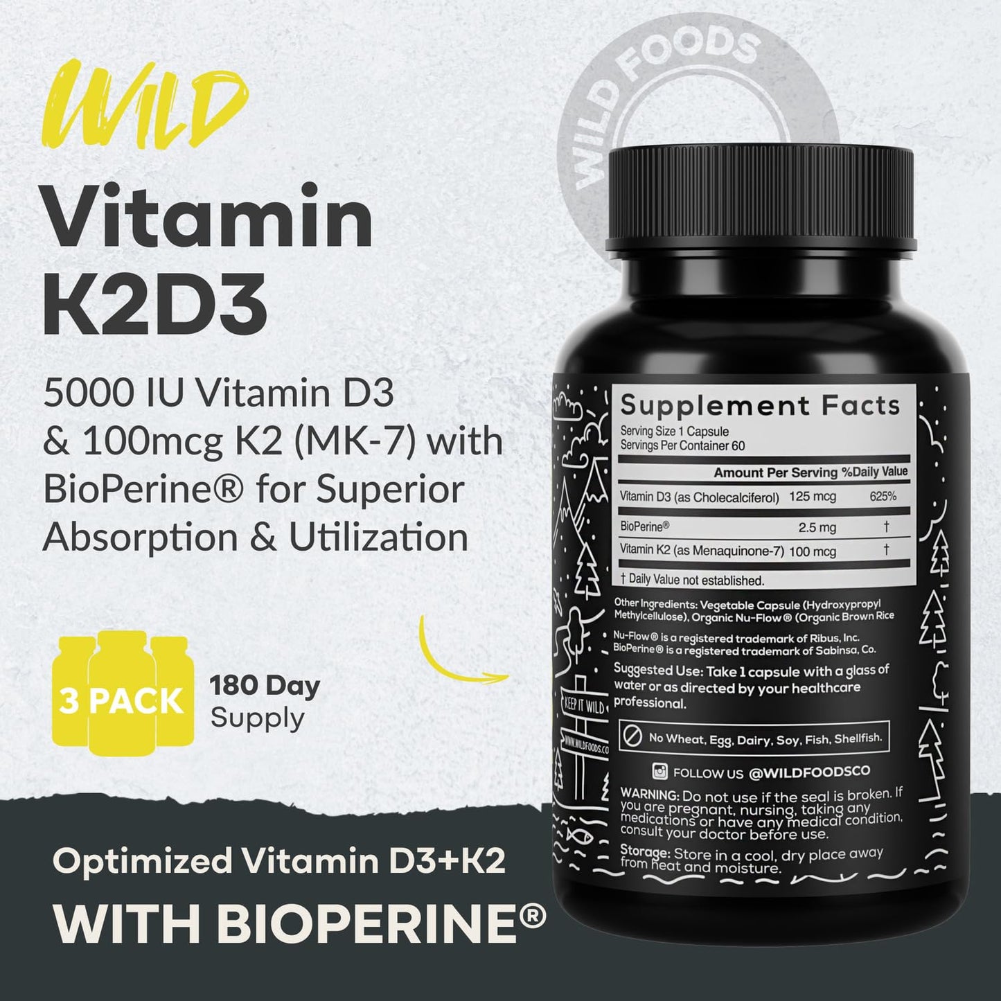 Frasco Wild Foods suplemento vitamina D3 K2 con pimienta negra