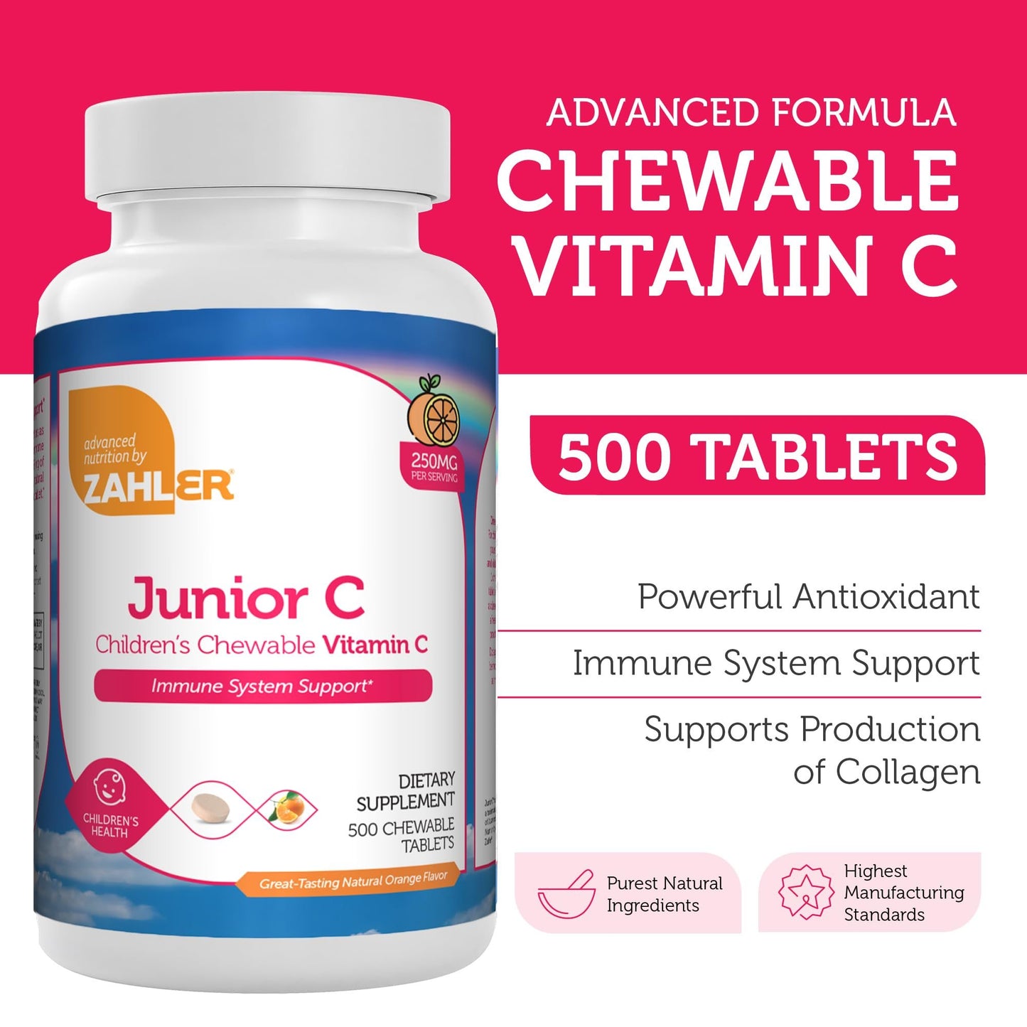 Frasco Zahler Junior C comprimidos masticables sabor naranja
