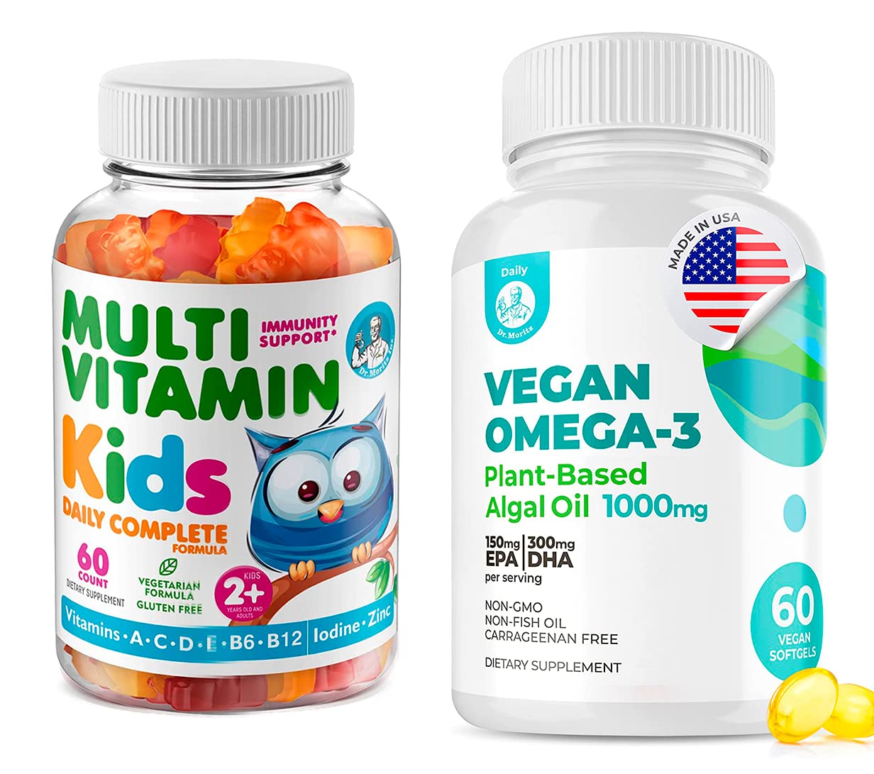 frascos de multivitaminas y omega 3 vegano para niños