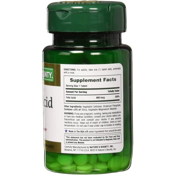 Frascos Nature's Bounty ácido fólico 800 mcg tableta