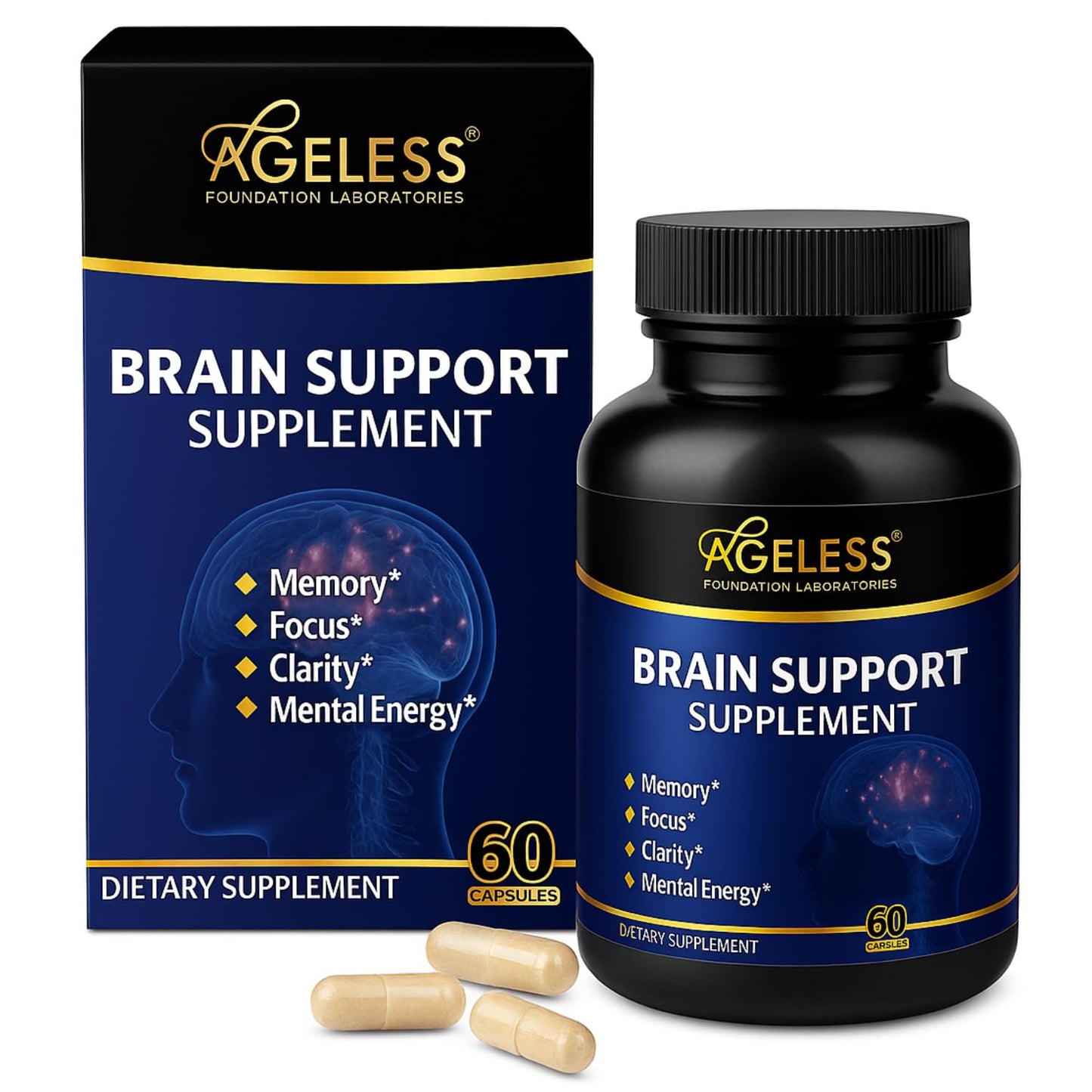 Frascos suplemento Ageless NAD+ y apoyo cognitivo