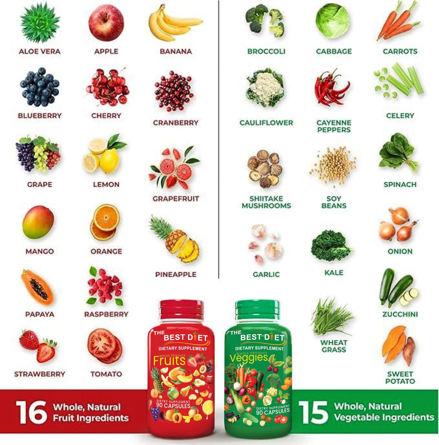Frascos de suplemento The Best Diet con frutas y verduras